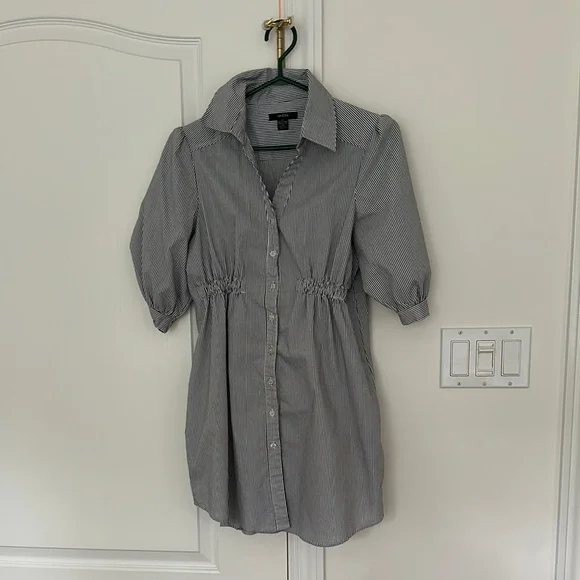 White and Blue Buttoned Mini Dress with Puff Sleeves - Picture 1 of 3